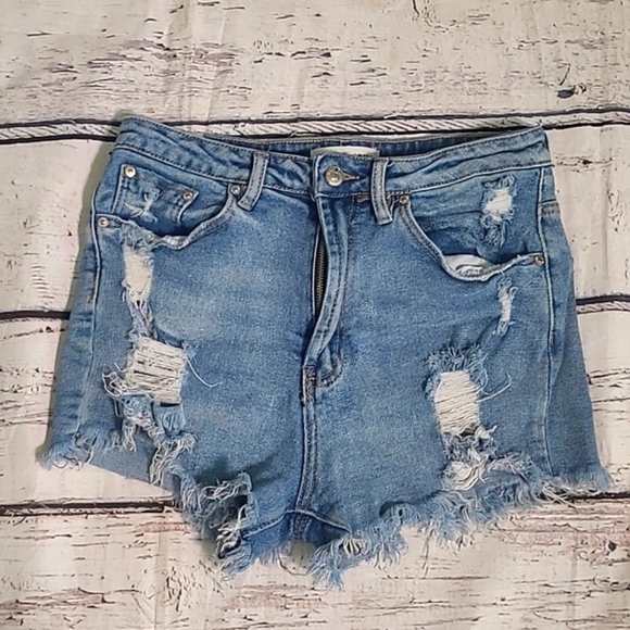 Almost Famous High Waist Distressed Cut Off Light Blue Denim Jean Shorts Size 9 - Picture 2 of 16